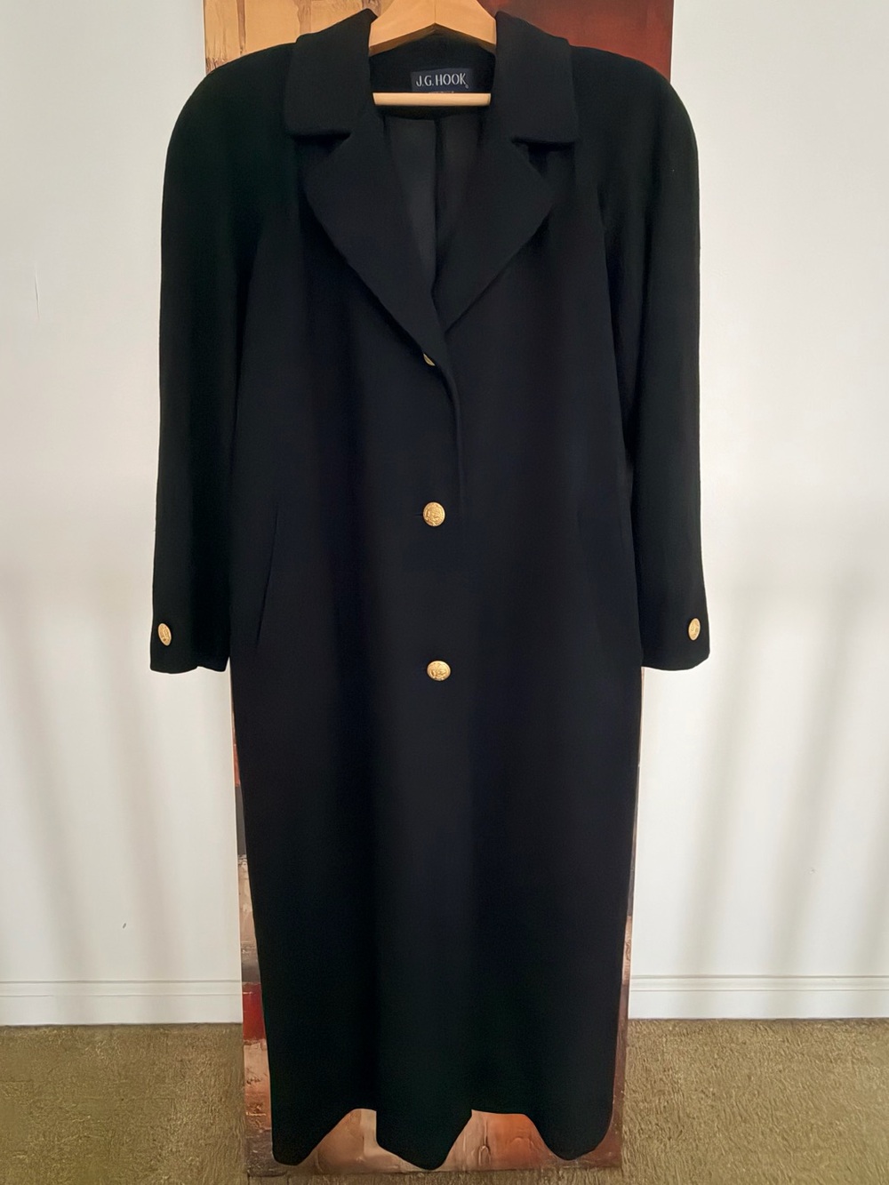 🍁 JG HOOK Vintage Women's Black Long Wool-Blend Coat with Gold Buttons (Size 6)